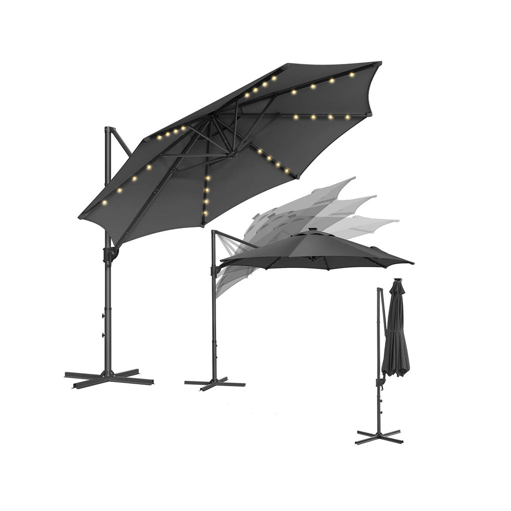 Parasol Ø300 cm-upf 50+-med 28 LED-lampor-gråt