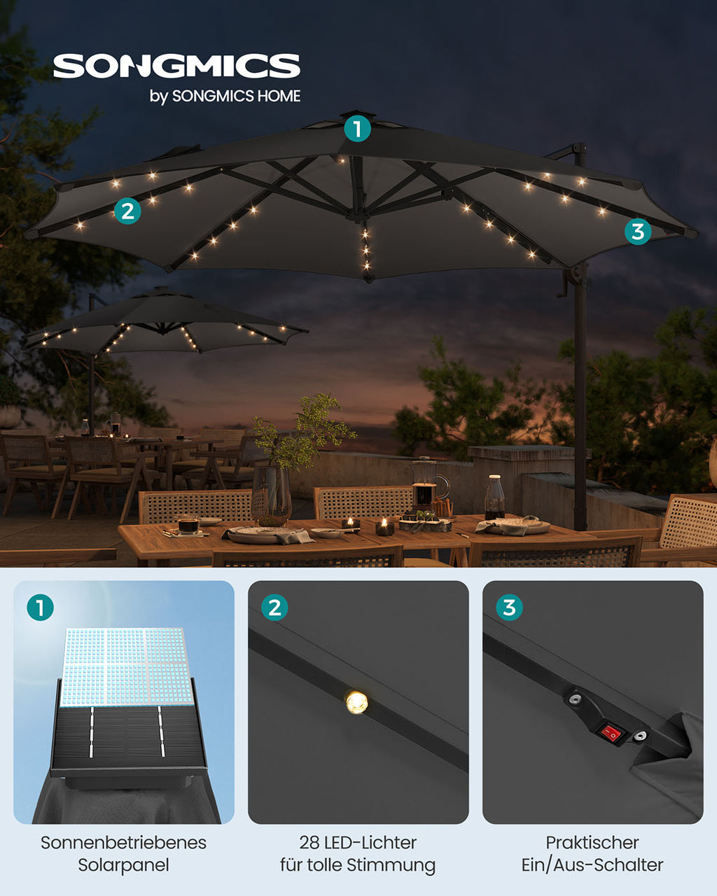 Parasol Ø300 cm-upf 50+-med 28 LED-lampor-gråt