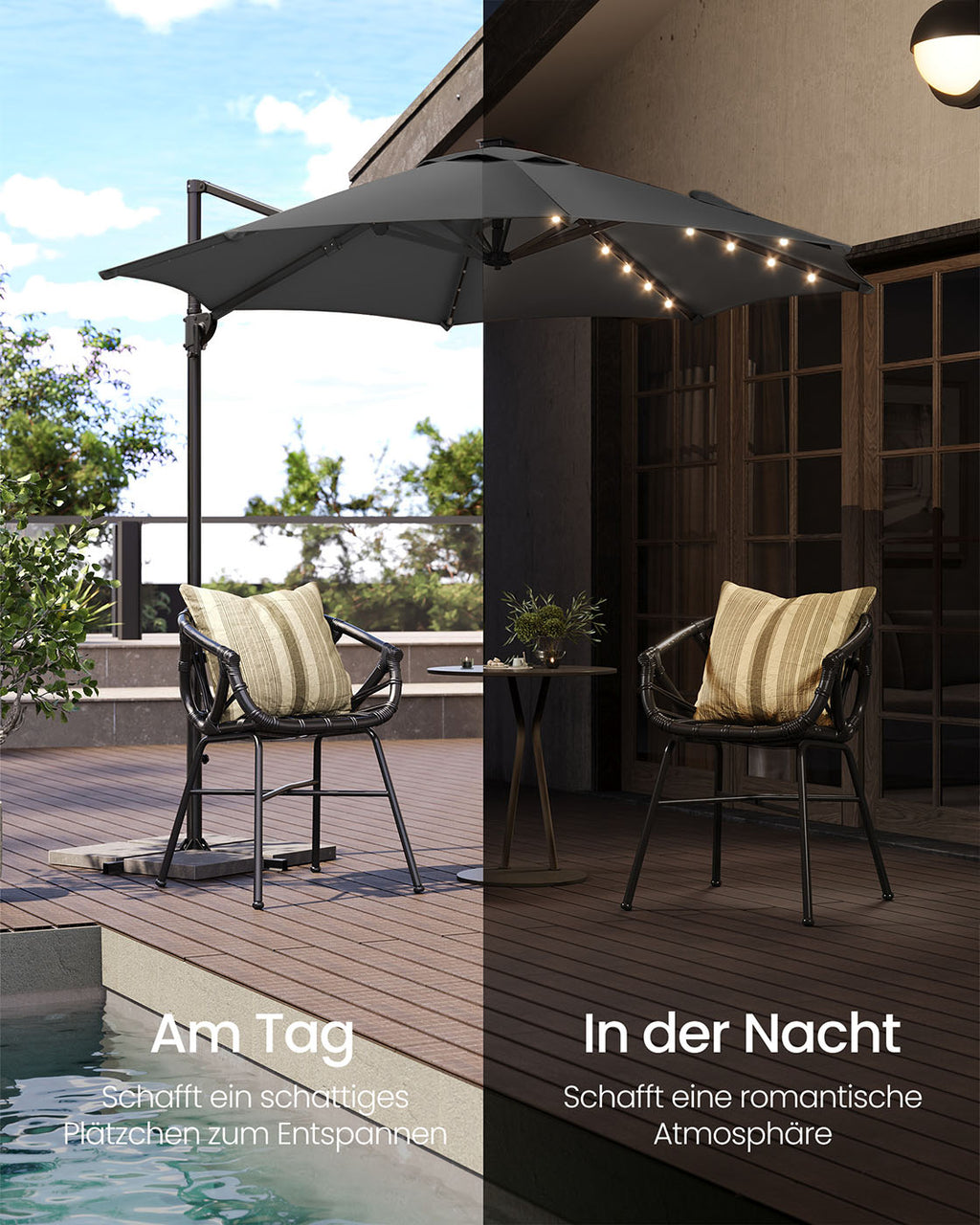 Parasol Ø300 cm-upf 50+-med 28 LED-lampor-gråt