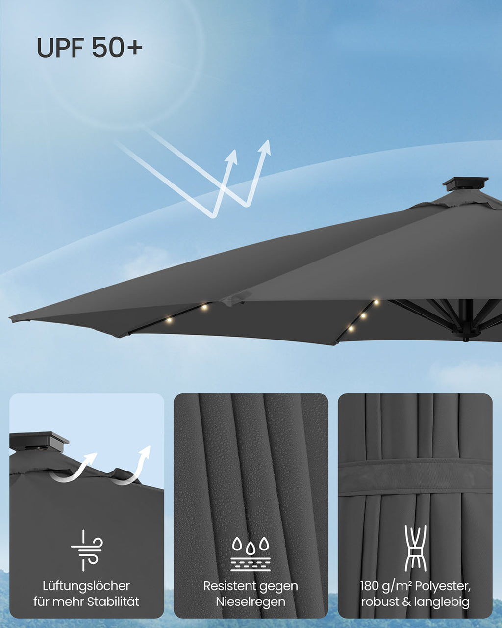 Parasol Ø300 cm-upf 50+-med 28 LED-lampor-gråt