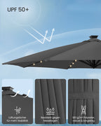 Parasol Ø300 cm-upf 50+-med 28 LED-lampor-gråt