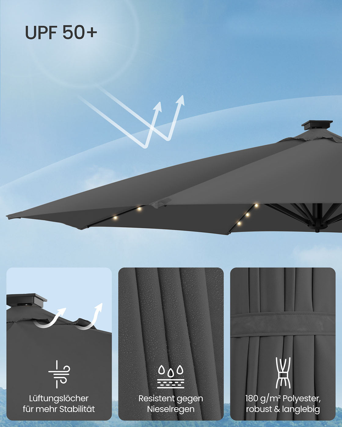 Parasol Ø300 cm-upf 50+-med 28 LED-lampor-gråt