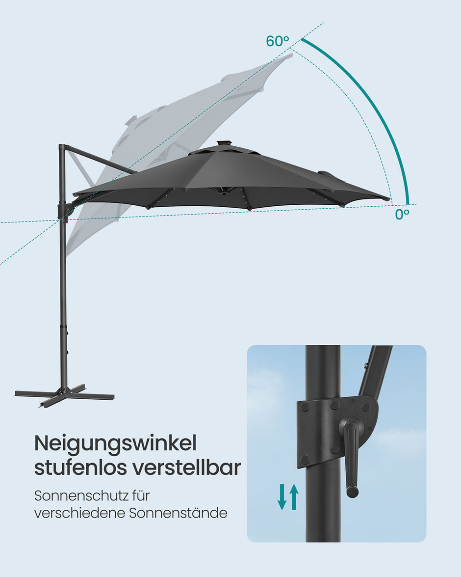 Parasoll Ø300 cm – UPF 50+ med 28 LED-lampor – Grå