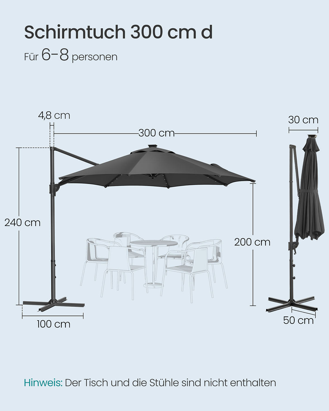 Parasol Ø300 cm-upf 50+-med 28 LED-lampor-gråt