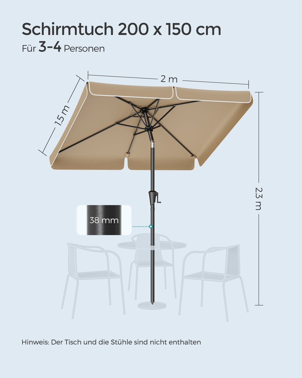 Balkong Parasol - Rectangular - 200 x 150 cm - Taupe