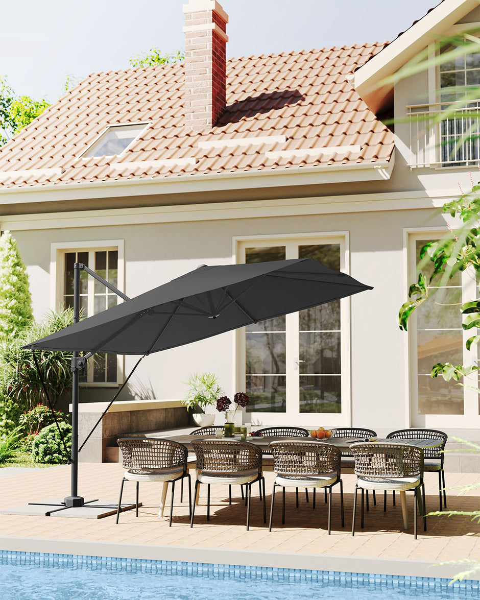 Parasol 270x270 cm - UPF 50+ - Med vev och korsfot - grå