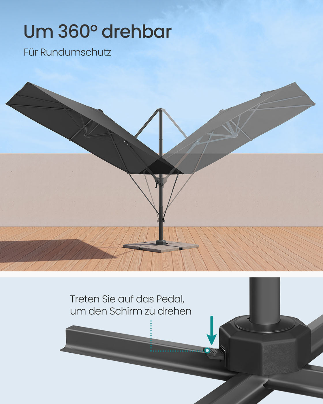 Parasol 270x270 cm - UPF 50+ - Med vev och korsfot - grå