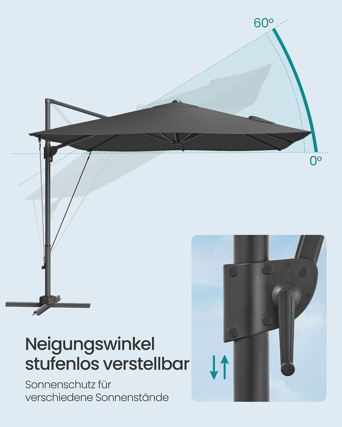 Parasol 270x270 cm - UPF 50+ - Med vev och korsfot - grå