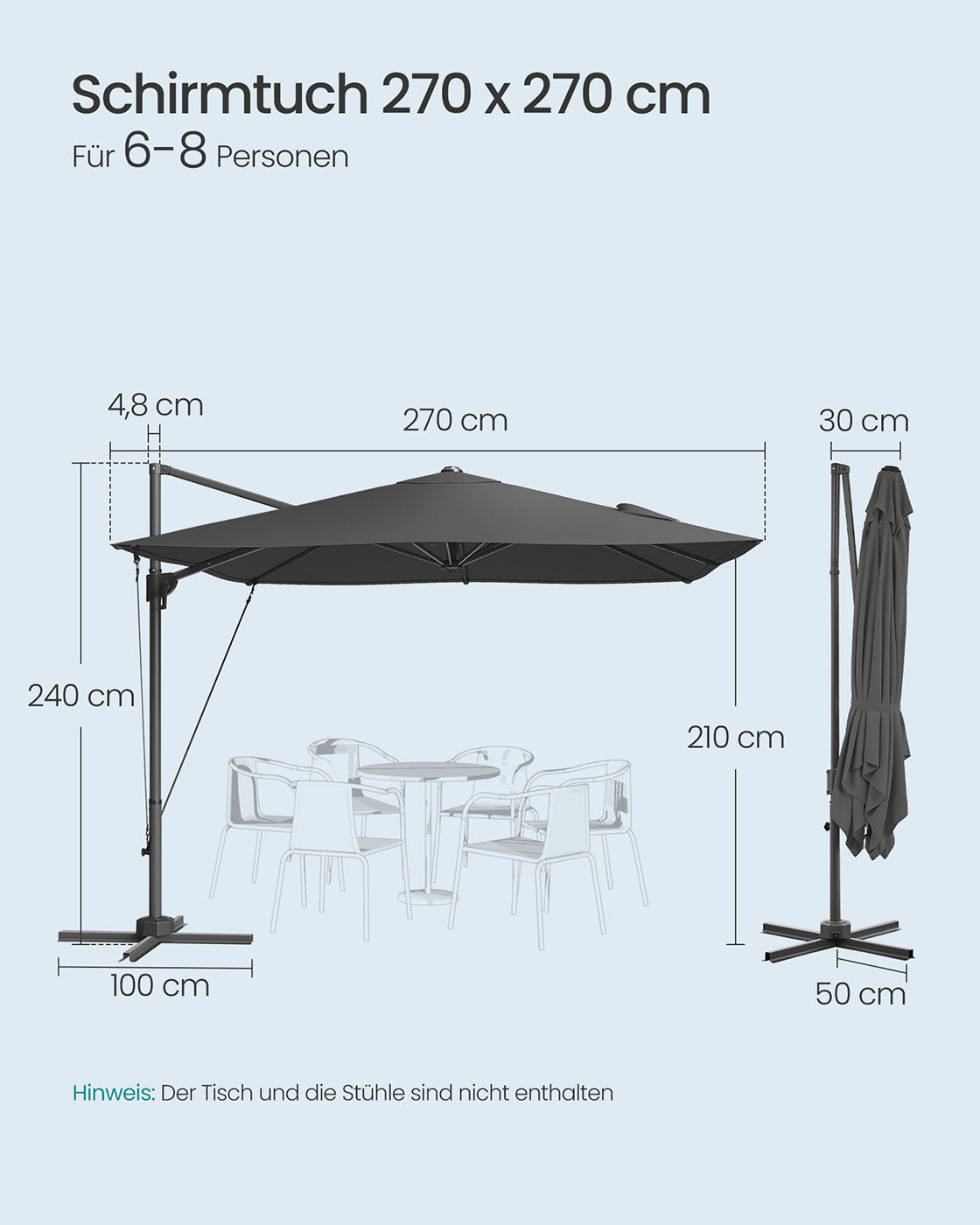 Parasol 270x270 cm - UPF 50+ - Med vev och korsfot - grå