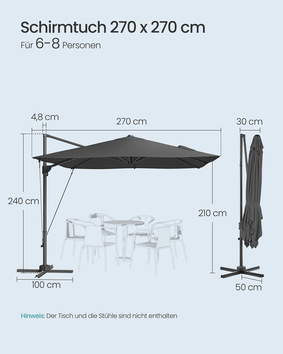 Parasol 270x270 cm - UPF 50+ - Med vev och korsfot - grå