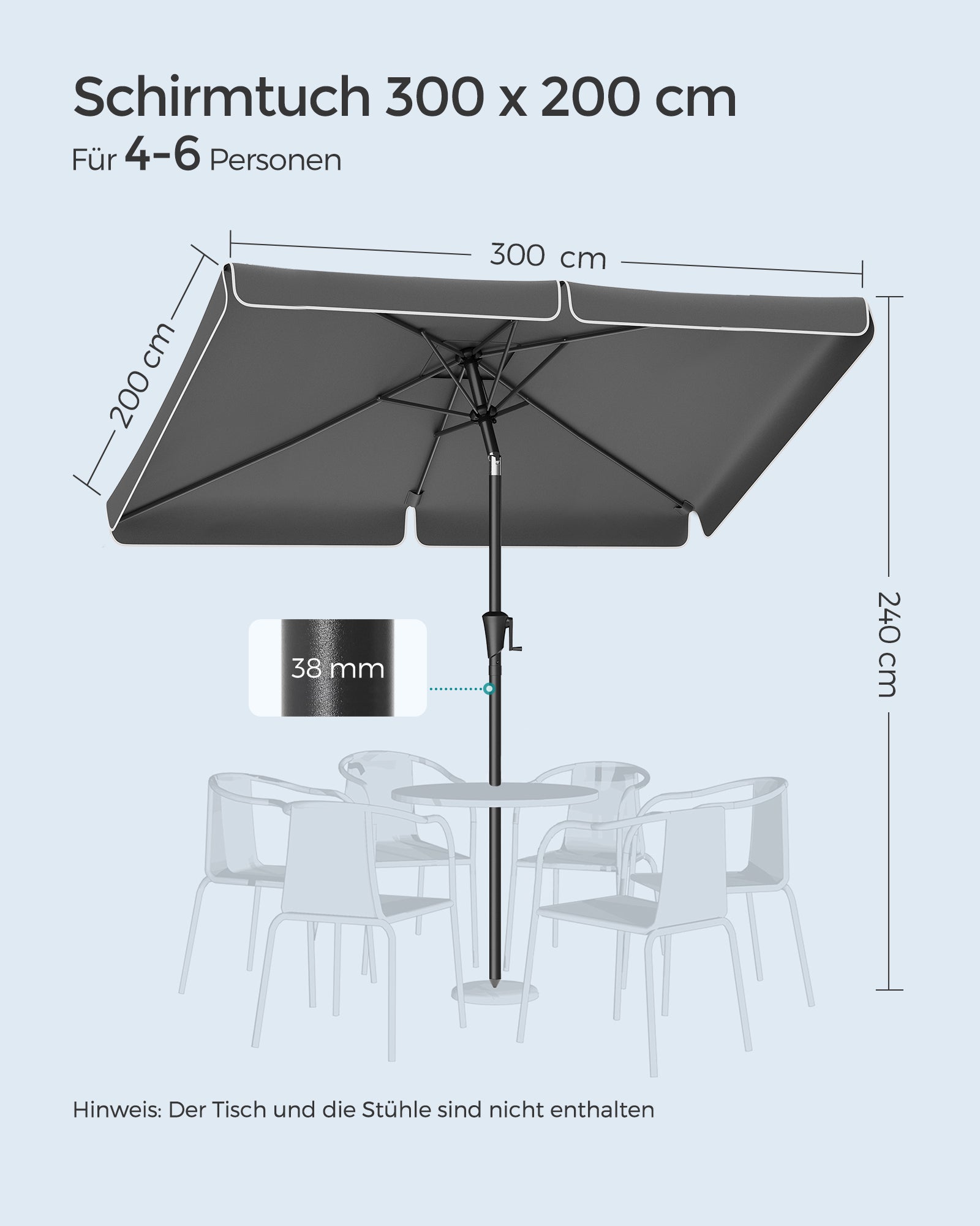 Balkonparasol - 300 x 200 cm - Rechthoekig - Kantelbaar - Grijs