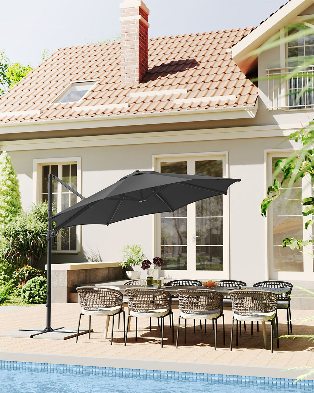 Parasol Ø300 cm - UPF 50+ - Med vev och korsfot - grå