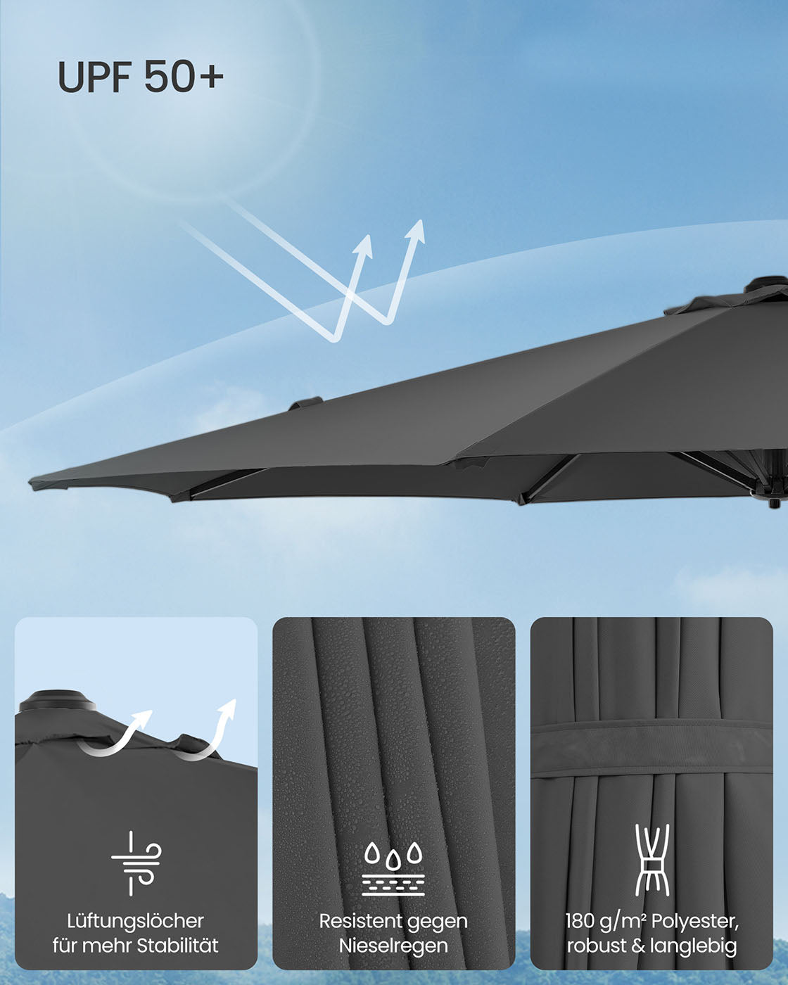 Parasol Ø300 cm - UPF 50+ - Med vev och korsfot - grå