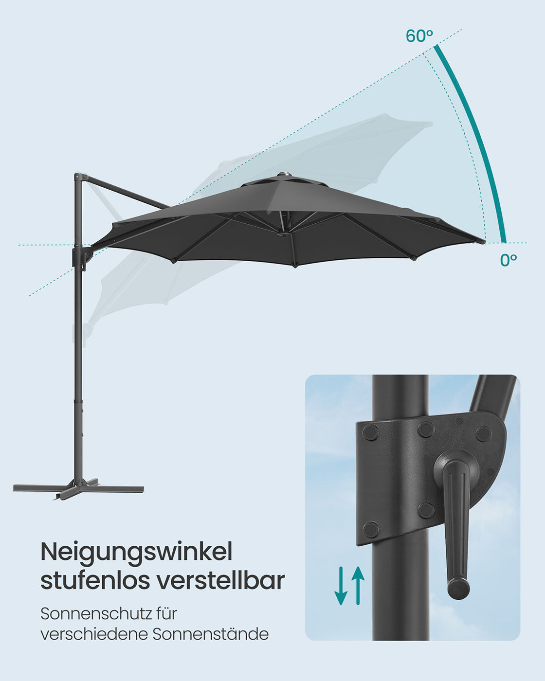 Parasol Ø300 cm - UPF 50+ - Med vev och korsfot - grå
