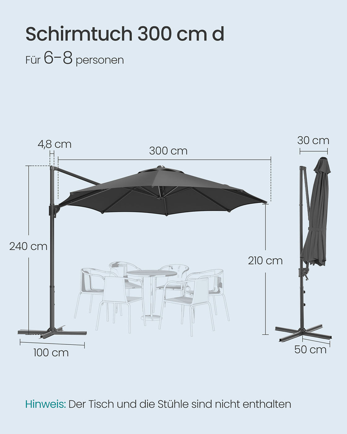 Parasol Ø300 cm - UPF 50+ - Med vev och korsfot - grå