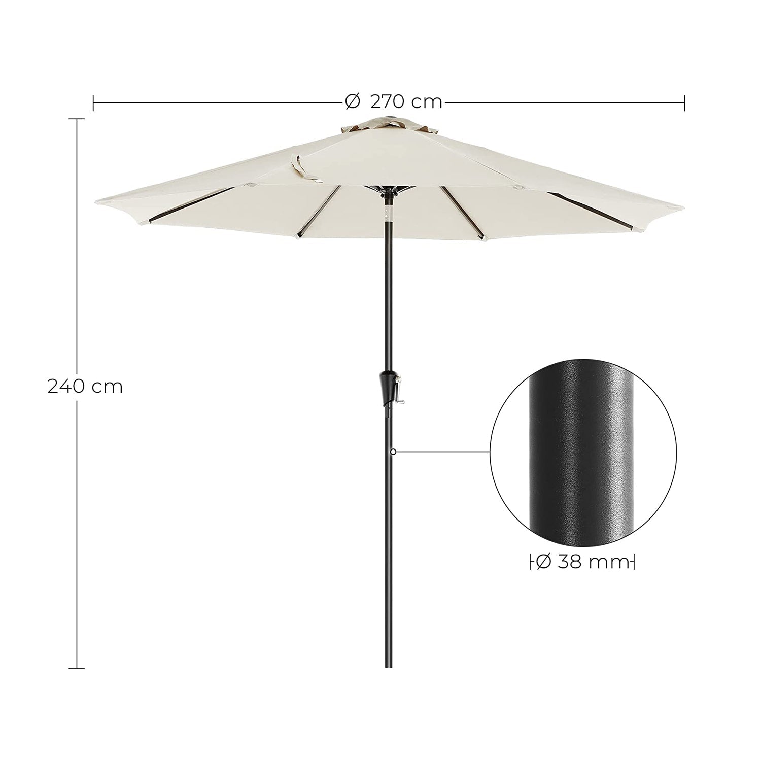 Parasol - Garden Parasol - Ø 270 cm - Tiltable - Med Crank - Beige