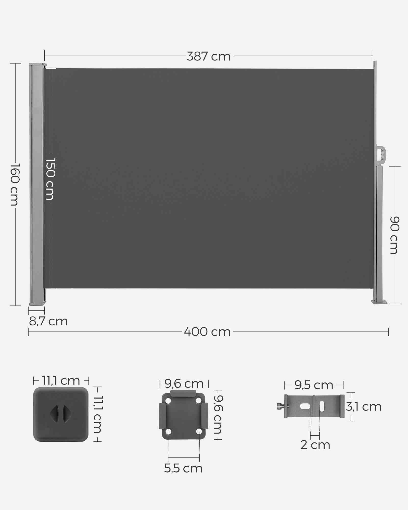 Zijluifel - 160 x 400 cm - uitschuifbaar - roestbestendig - antraciet - 8,1 kg