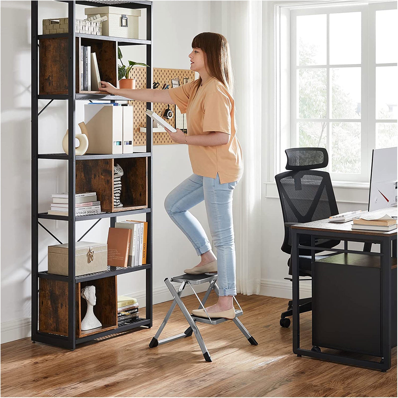 Stairladder - Metal Frame - 2 steg - Anti -Slip - Gray
