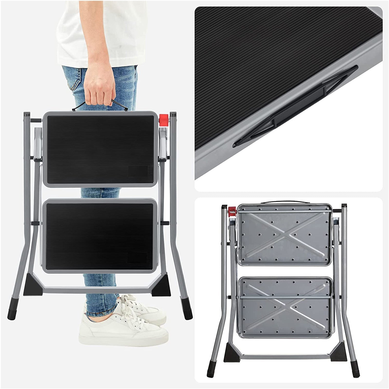 Stairladder - Metal Frame - 2 steg - Anti -Slip - Gray