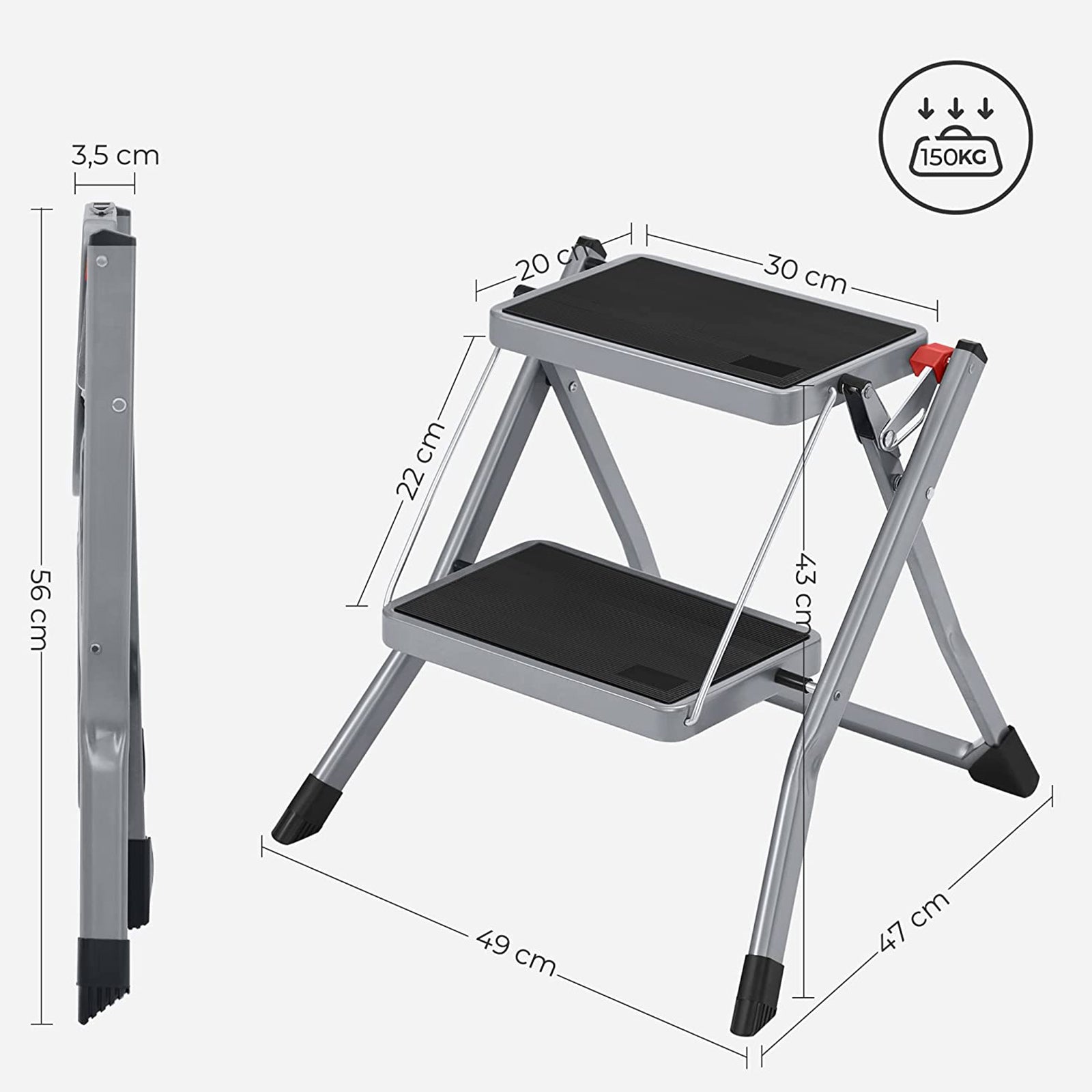 Stairladder - Metal Frame - 2 steg - Anti -Slip - Gray