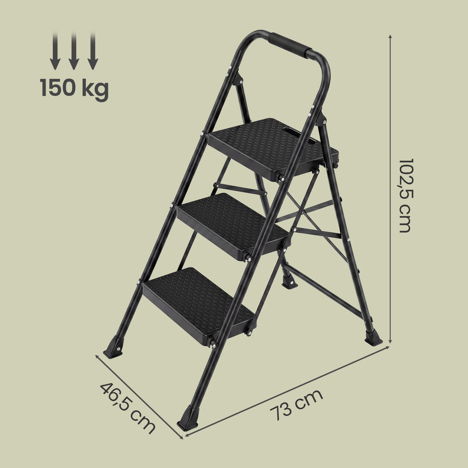Opvouwbare Trapladder - 3 Treden - Staal - Draagvermogen tot 150 kg - Zwart