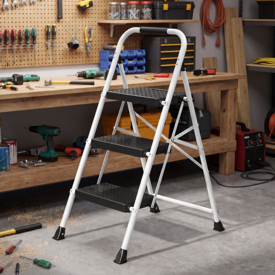 Opvouwbare Trapladder - 3 Treden - Staal - Draagvermogen tot 150 kg - Wit