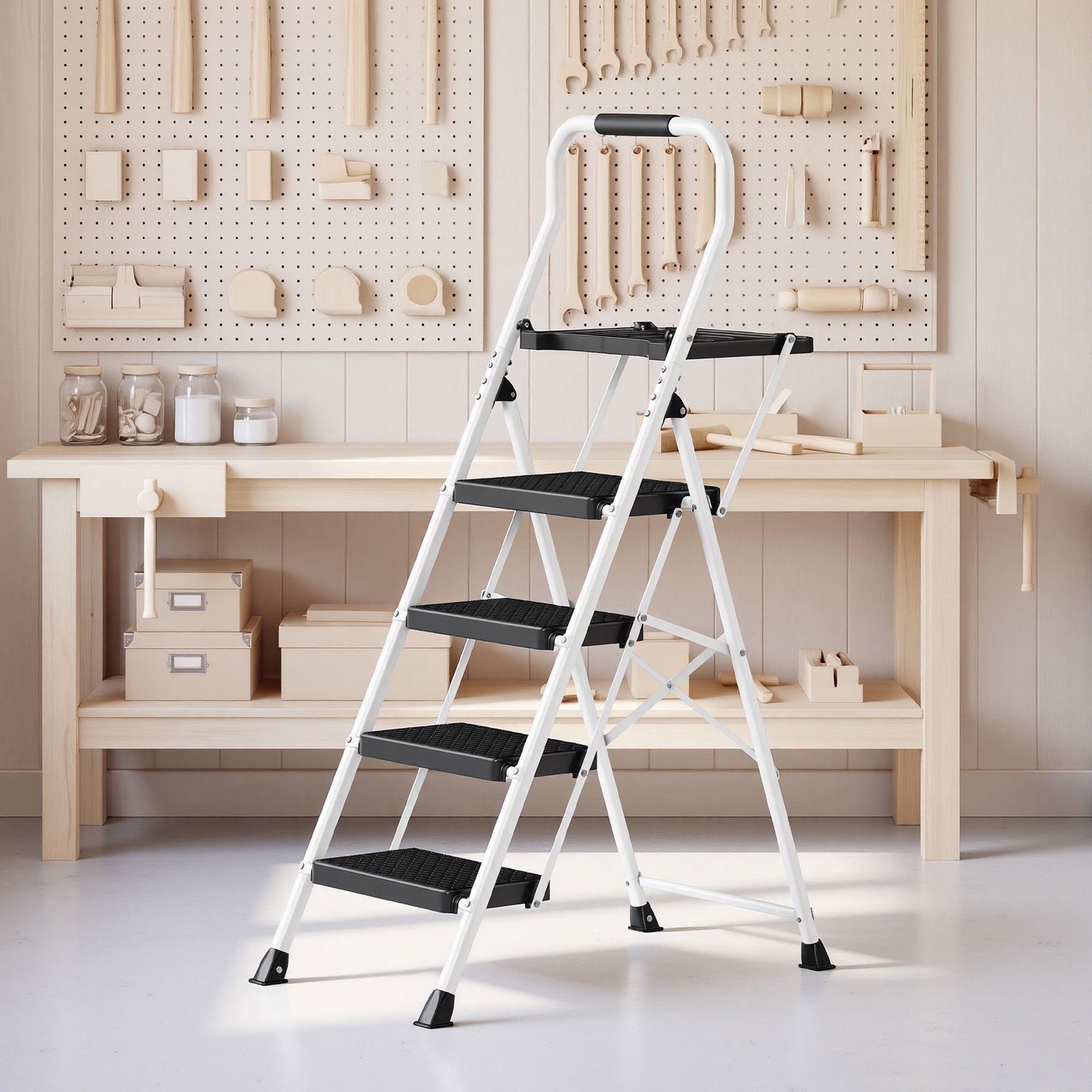Opvouwbare Trapladder - 4 Treden - Staal - Draagvermogen tot 150 kg - Wit