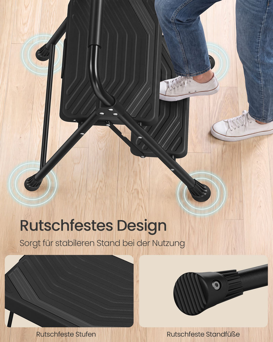 Opstapje – 2 Treden – Inklapbaar – Met Handgreep – Staal – Tot 150 kg – Zwart