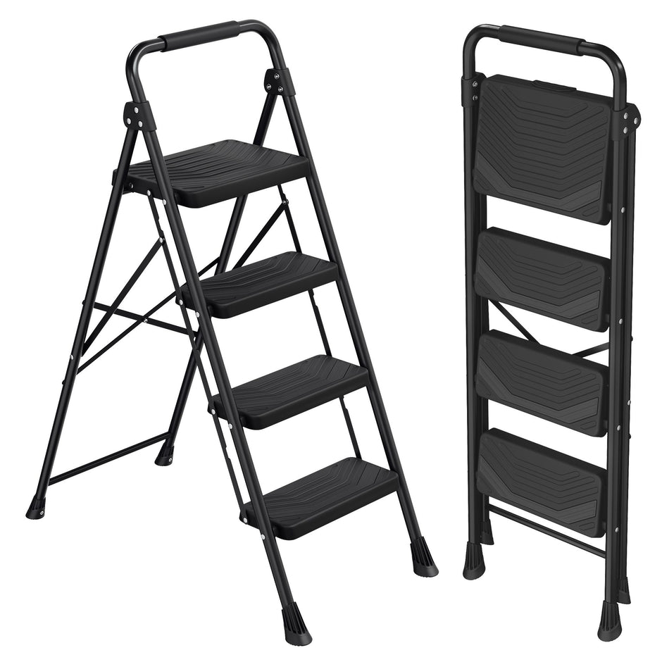 Opstapje – 4 Treden – Inklapbaar – Met Handgreep – Staal – Tot 150 kg – Zwart