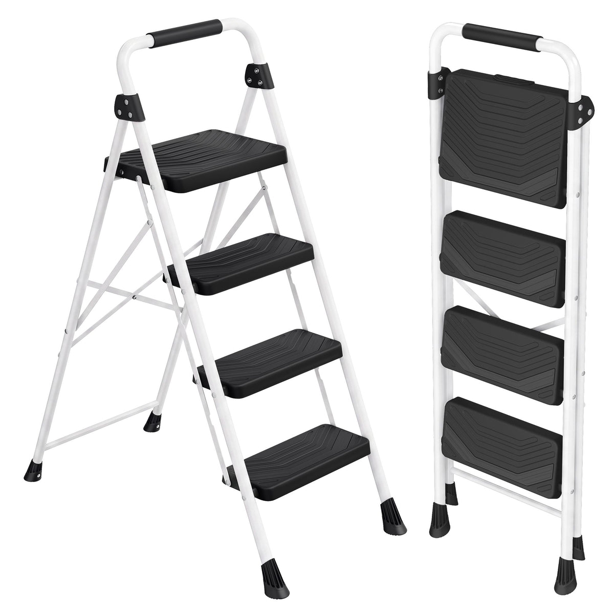 Opstapje – 4 Treden – Inklapbaar – Met Handgreep – Staal – Tot 150 kg – Wit