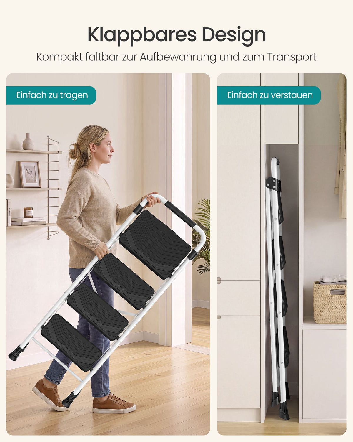 Opstapje – 4 Treden – Inklapbaar – Met Handgreep – Staal – Tot 150 kg – Wit