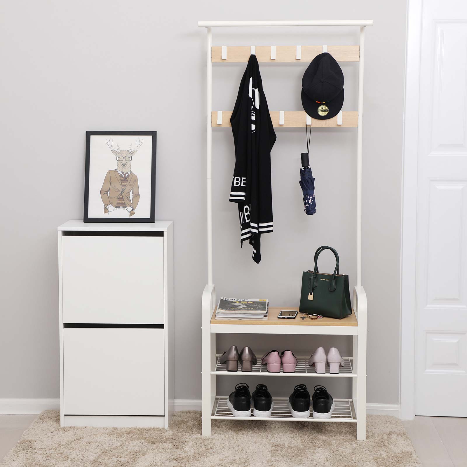 Pälsställ - skosställ med bänk - Industrial - White/Naturel