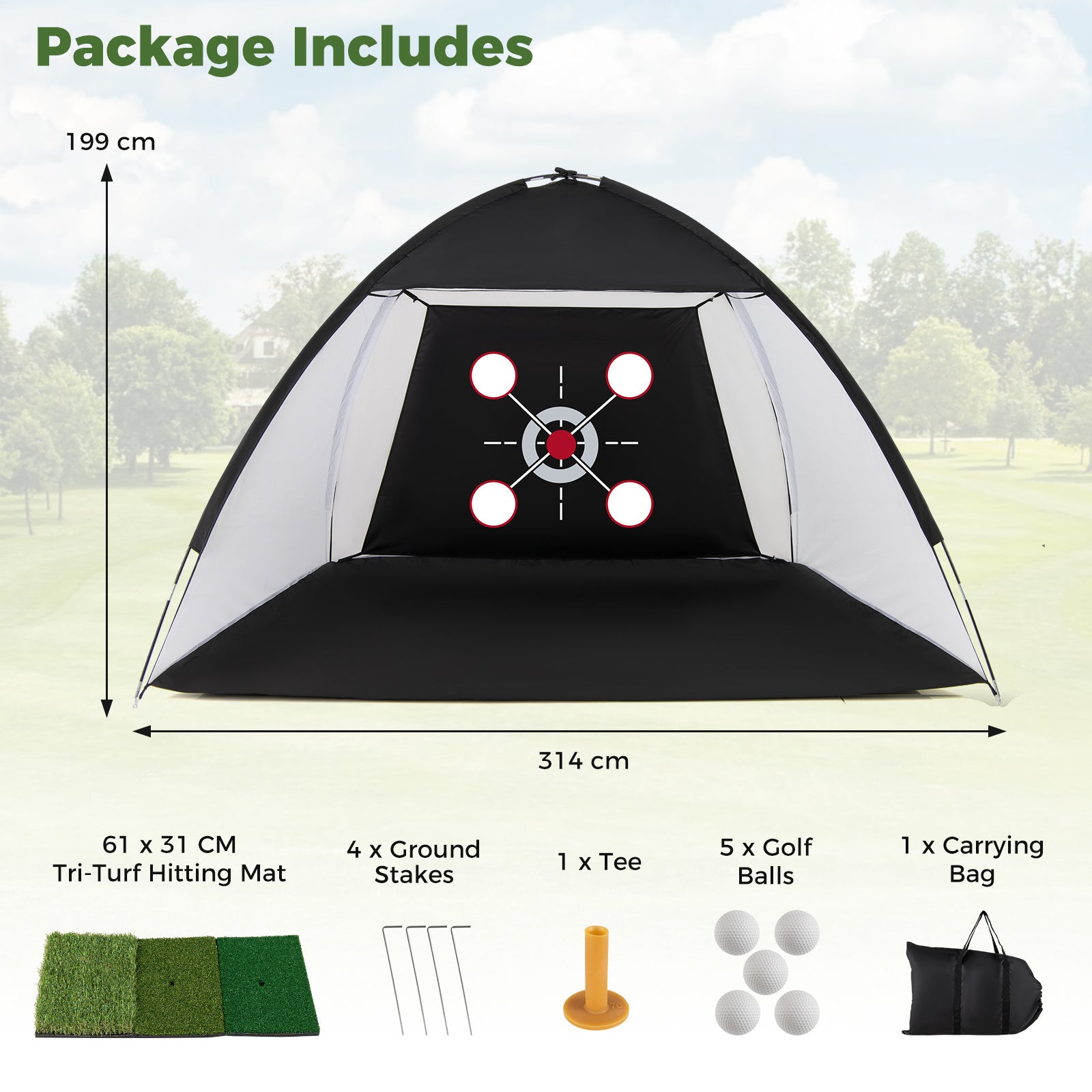 Golfträningsnät – med slagmatta Golfnätset måltavla bollar tee och markankare – 5 314 x 179 x 199 cm – Svart