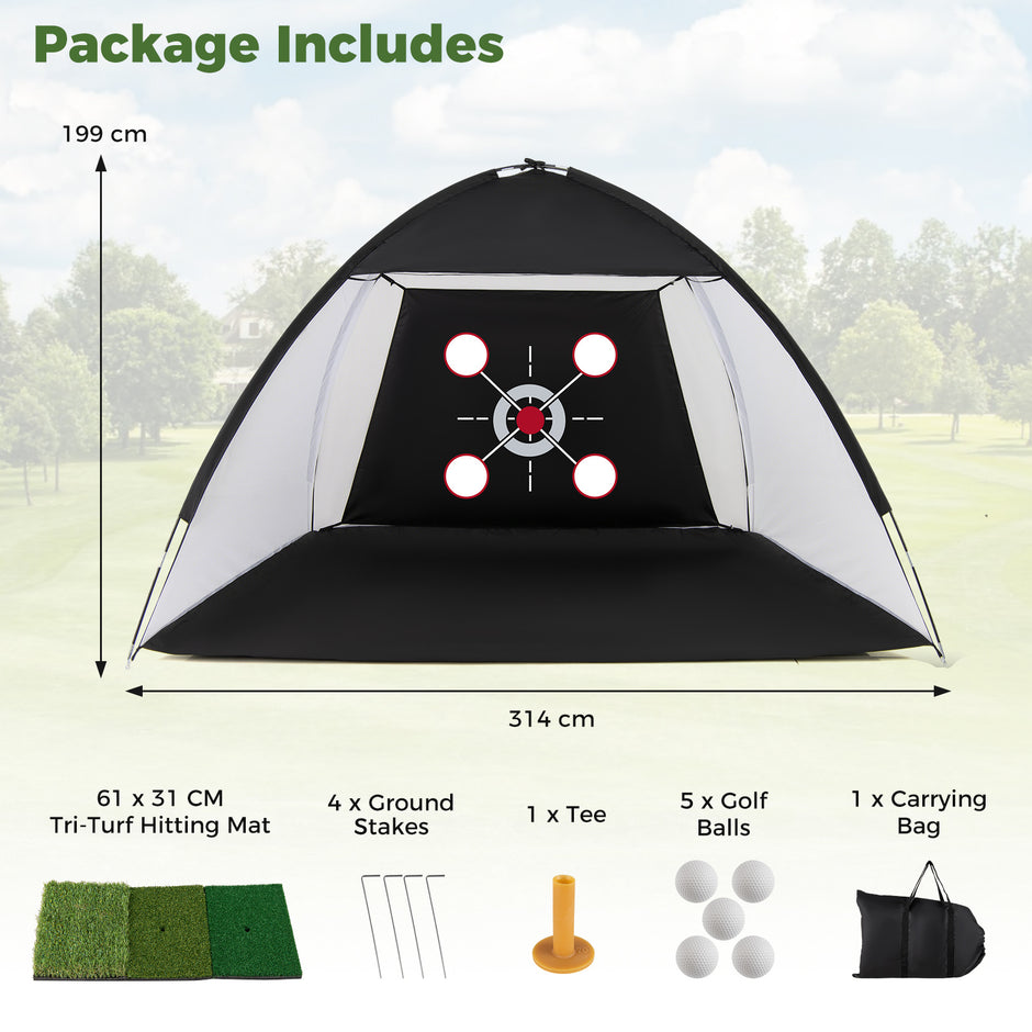 Golfträningsnät – med slagmatta Golfnätset måltavla bollar tee och markankare – 5 314 x 179 x 199 cm – Svart