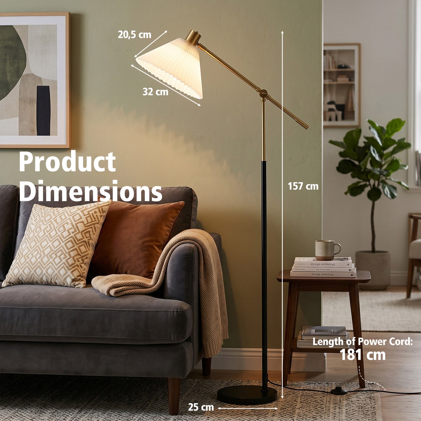 Golvlampa – höjdjusterbar, golvarmatur med vinkel – 157 cm