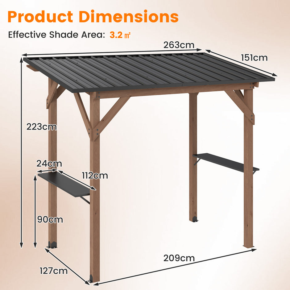 Grillpaviljong – av trä, grilltak med sidohyllor och lutande metalltak – 2 263 x 151 x 223 cm