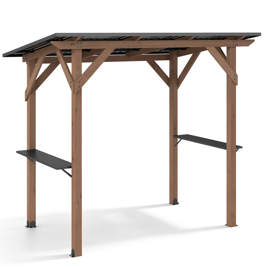 Grillpaviljong – av trä, grilltak med sidohyllor och lutande metalltak – 2 263 x 151 x 223 cm