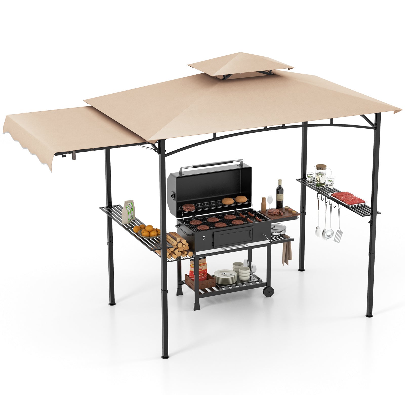 Grillpaviljong – med sidomarkis Dubbelt tak sidobord och krokar Trädgårdspaviljong BBQ – 2 – Beige