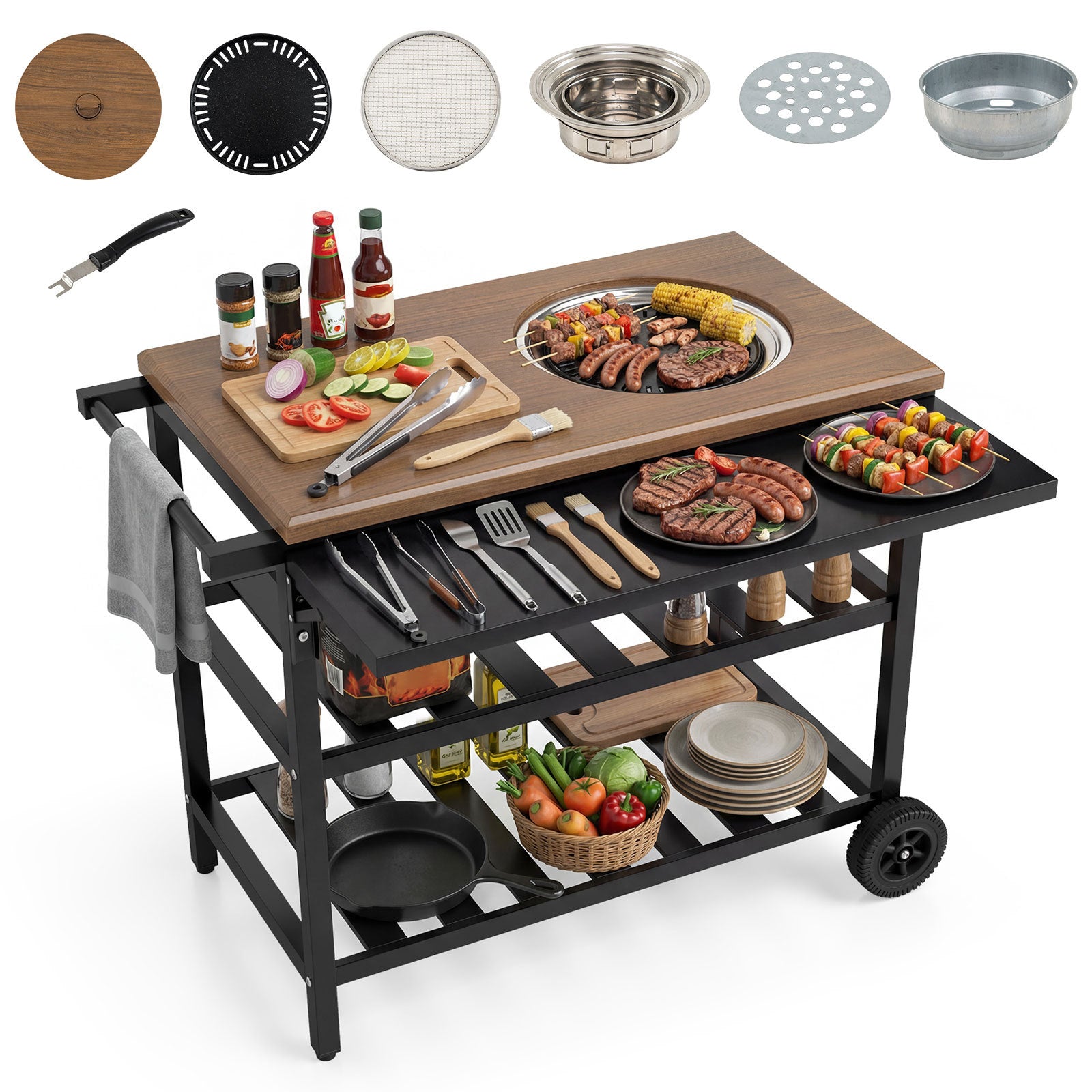 Grillvagn – Utomhus Grillbord på hjul mobil Pizzabord med koreansk kolgrill fällbart sidobord – Svart