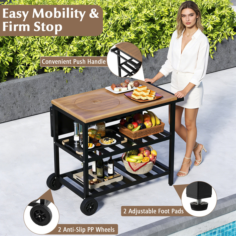 Grillvagn – Utomhus Grillbord på hjul mobil Pizzabord med koreansk kolgrill fällbart sidobord – Svart