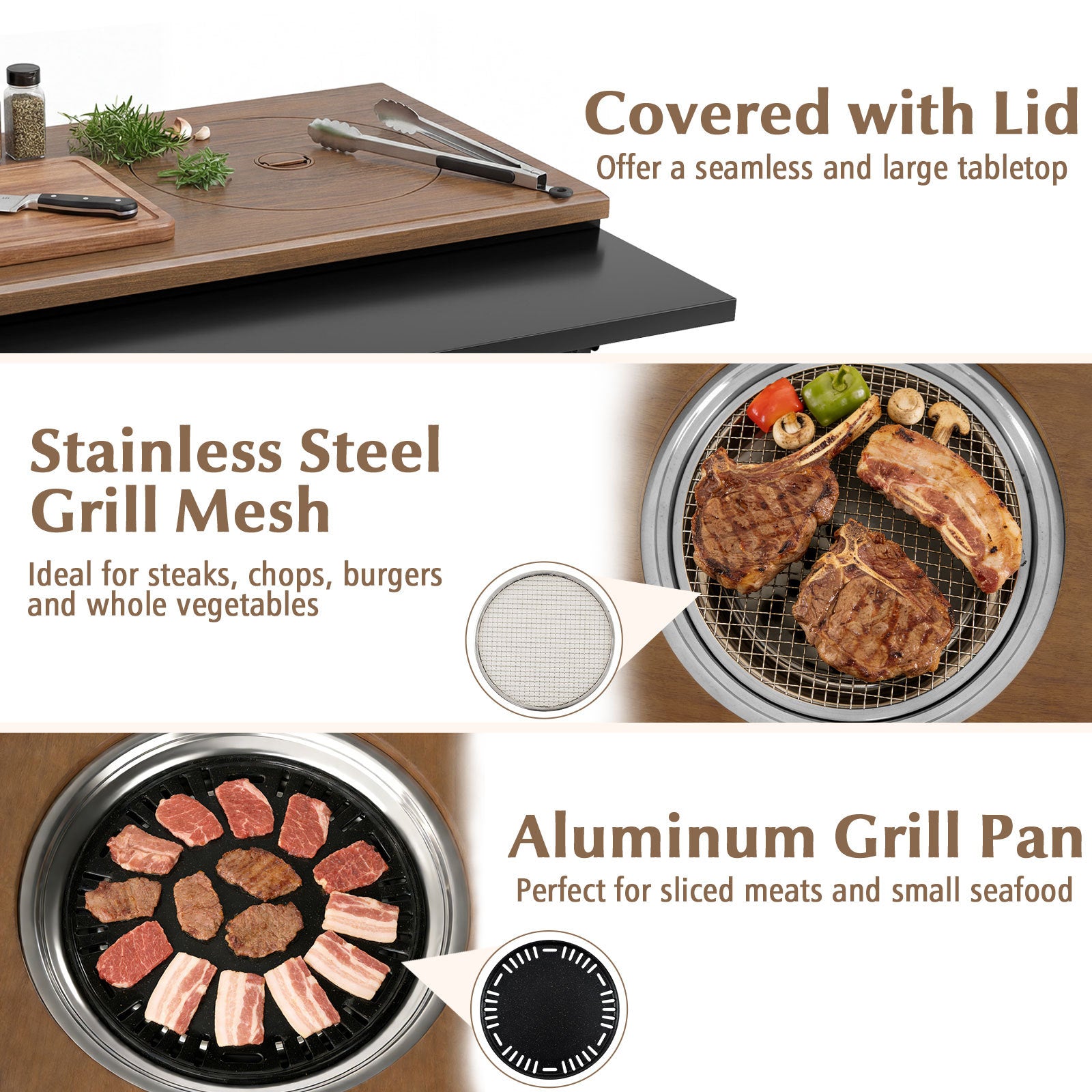 Grillvagn – Utomhus Grillbord på hjul mobil Pizzabord med koreansk kolgrill fällbart sidobord – Svart