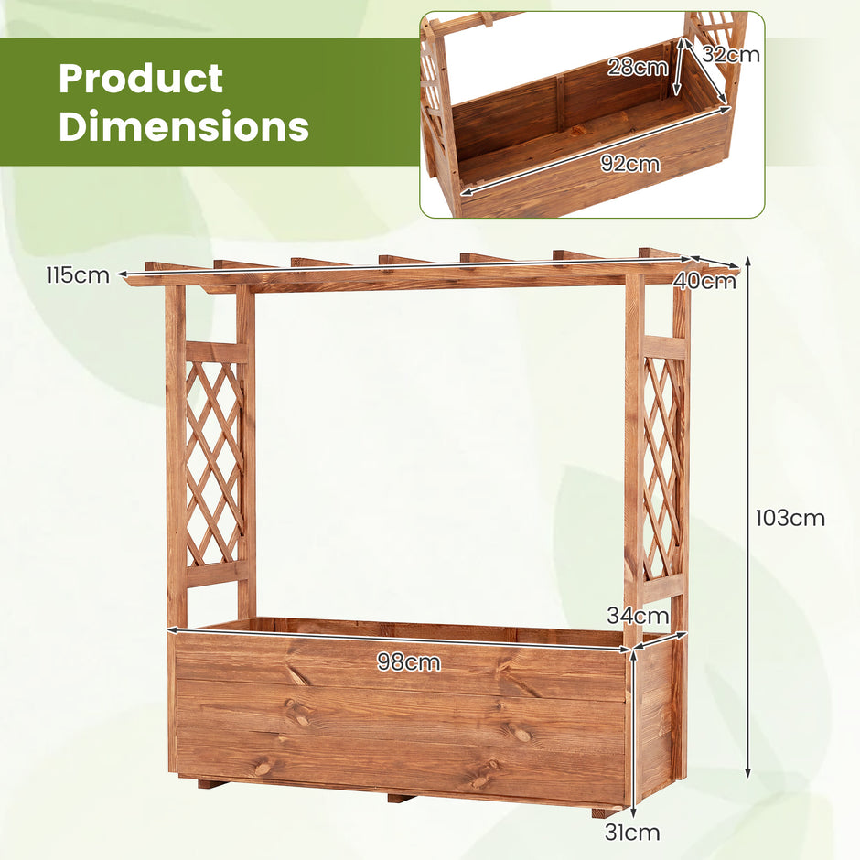 Högbädd – med spaljé och hängande tak, planterlåda stödstång dräneringshål, orange – 115 x 40 x 103 cm