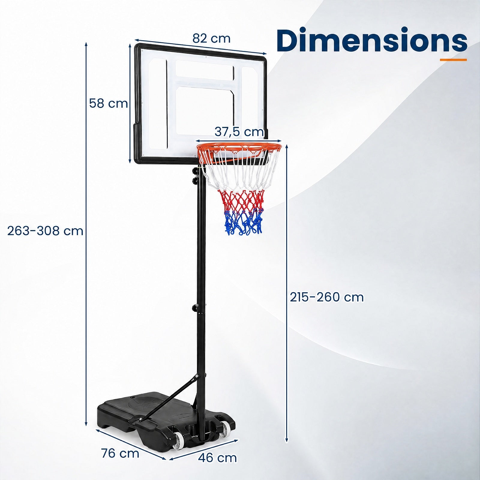 Höjdjusterbar – basketställning med hjul, handvev och fyllbar bas, – 155-210 cm