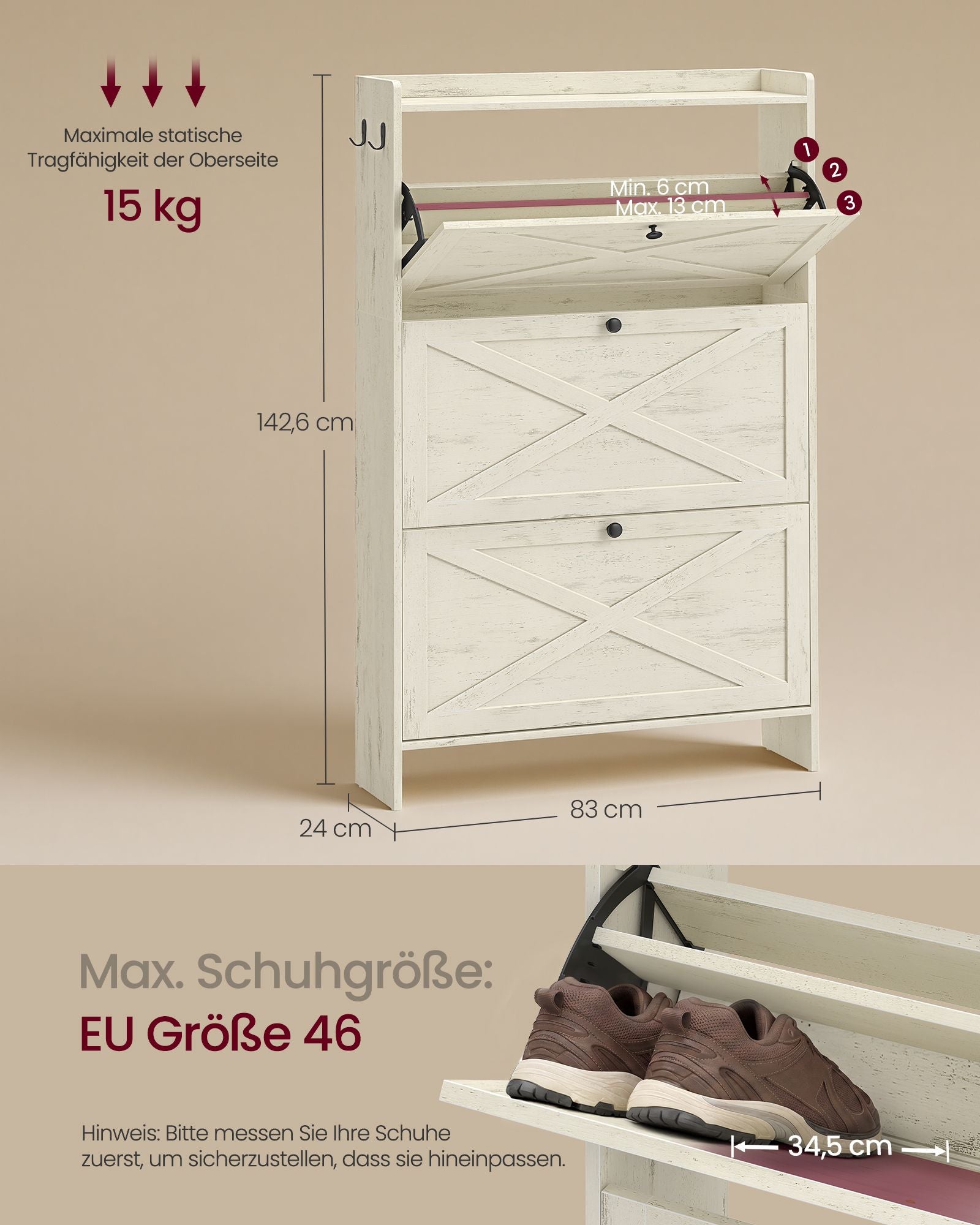 Schoenenkast - Met Klepdeuren - Ruimtebesparend - Rustiek wit - 83 x 24 x 142,6 cm