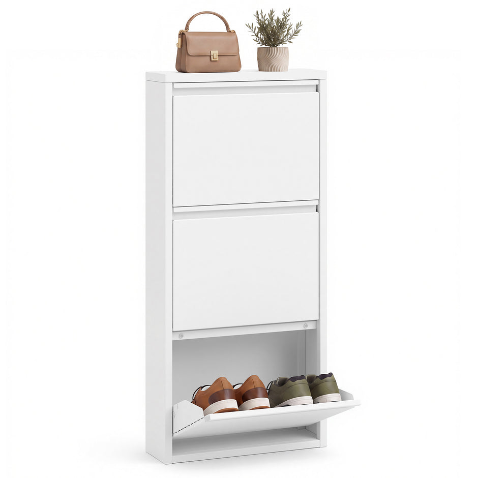 Schoenenkast – Smal – 3 Kantelbare Vakken – Staal – Magneetsluiting – Mat Wit