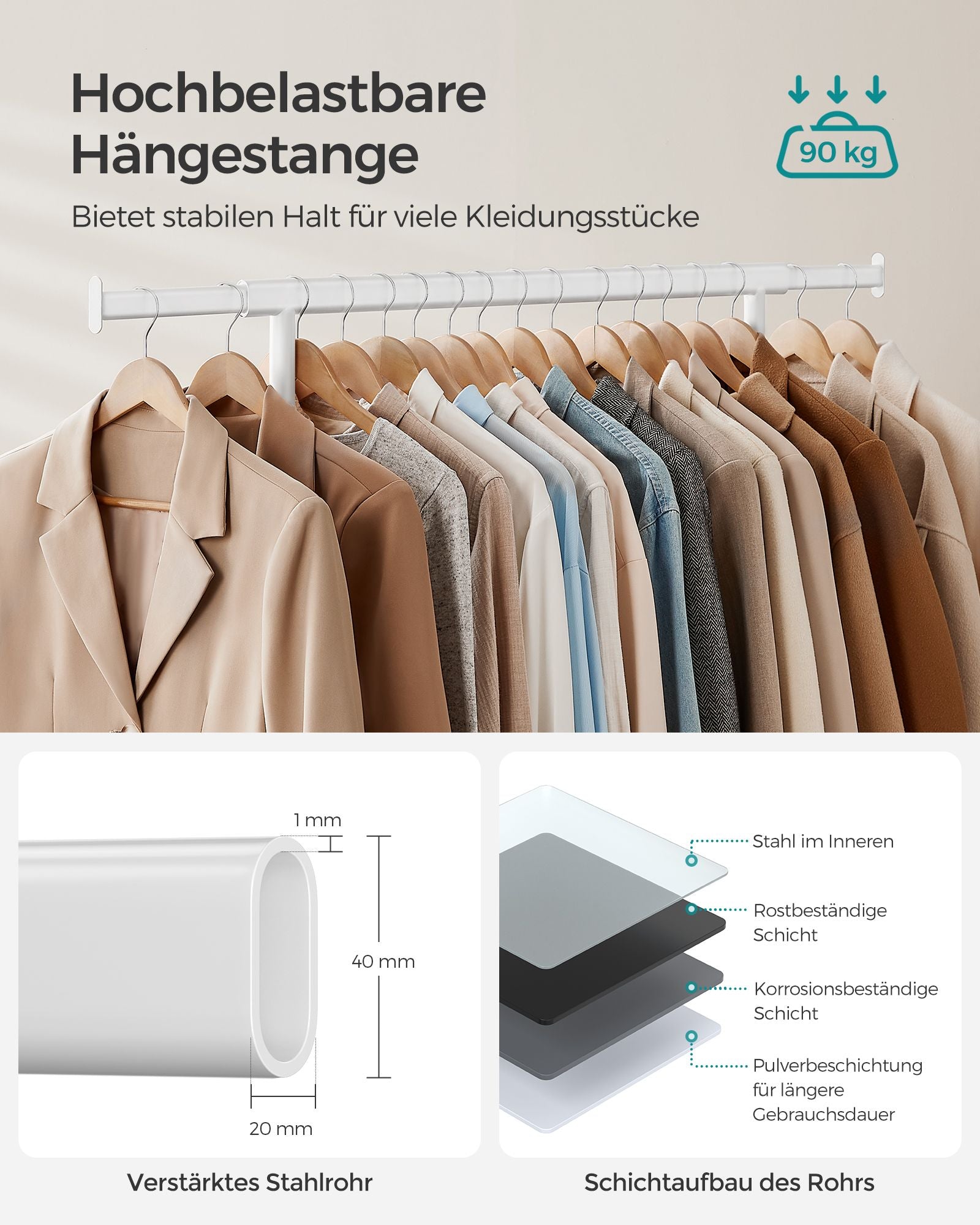 Klädställ på hjul med 90 kg lastkapacitet, klassisk vit