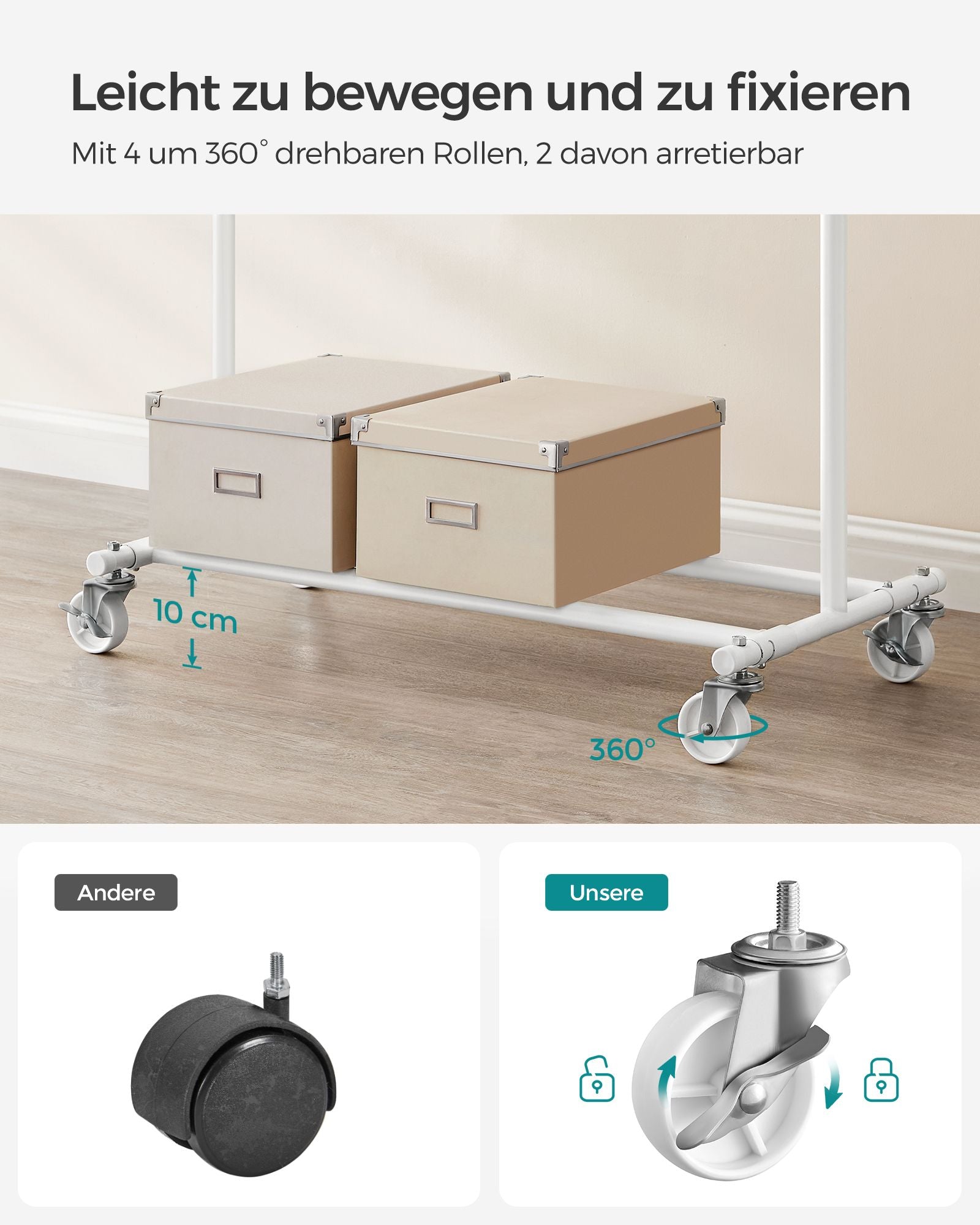 Klädställ - på hjul - Lastkapacitet 90 kg - Klassisk vit