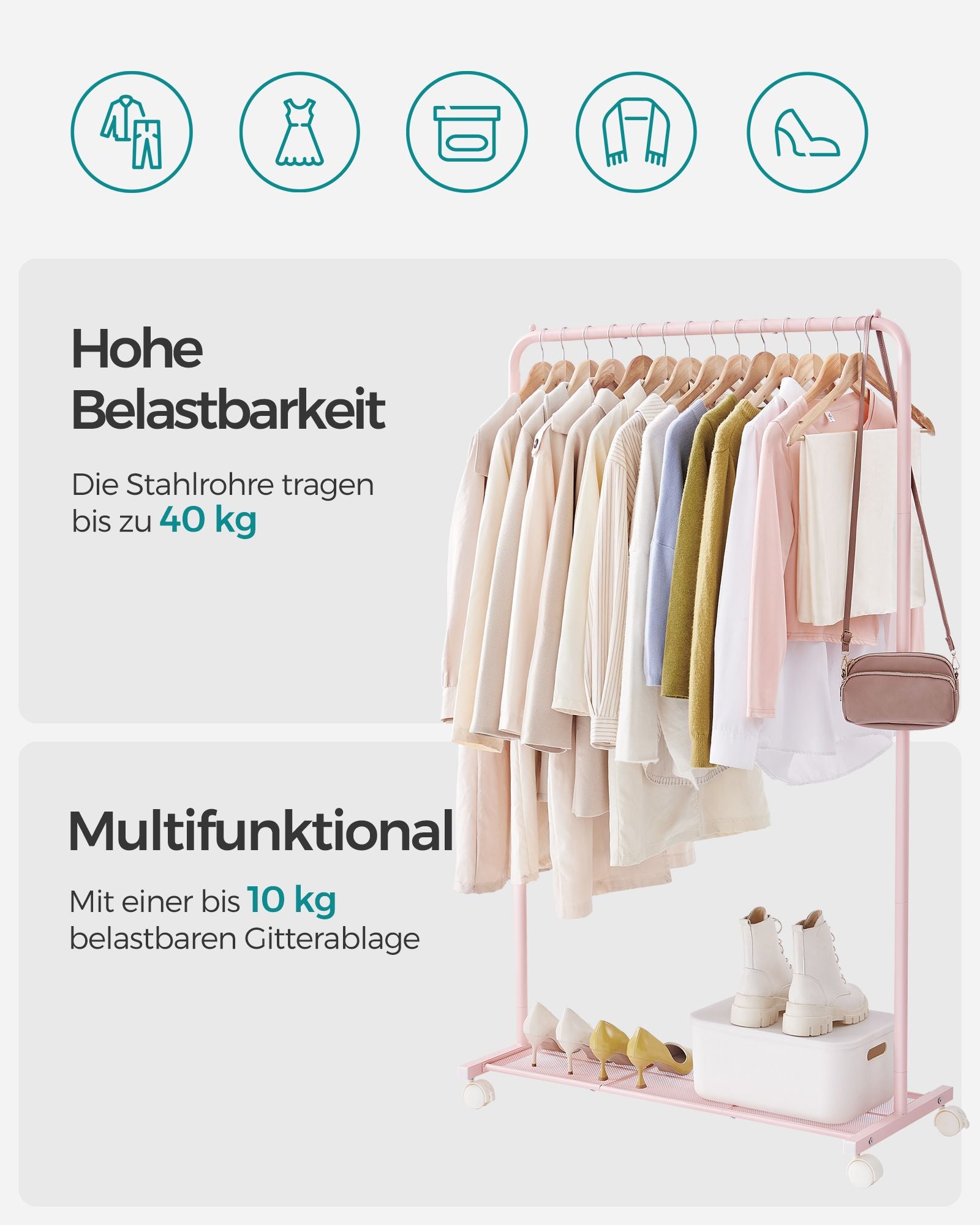 Klädställ 91 cm brett på pastellrosa hjul