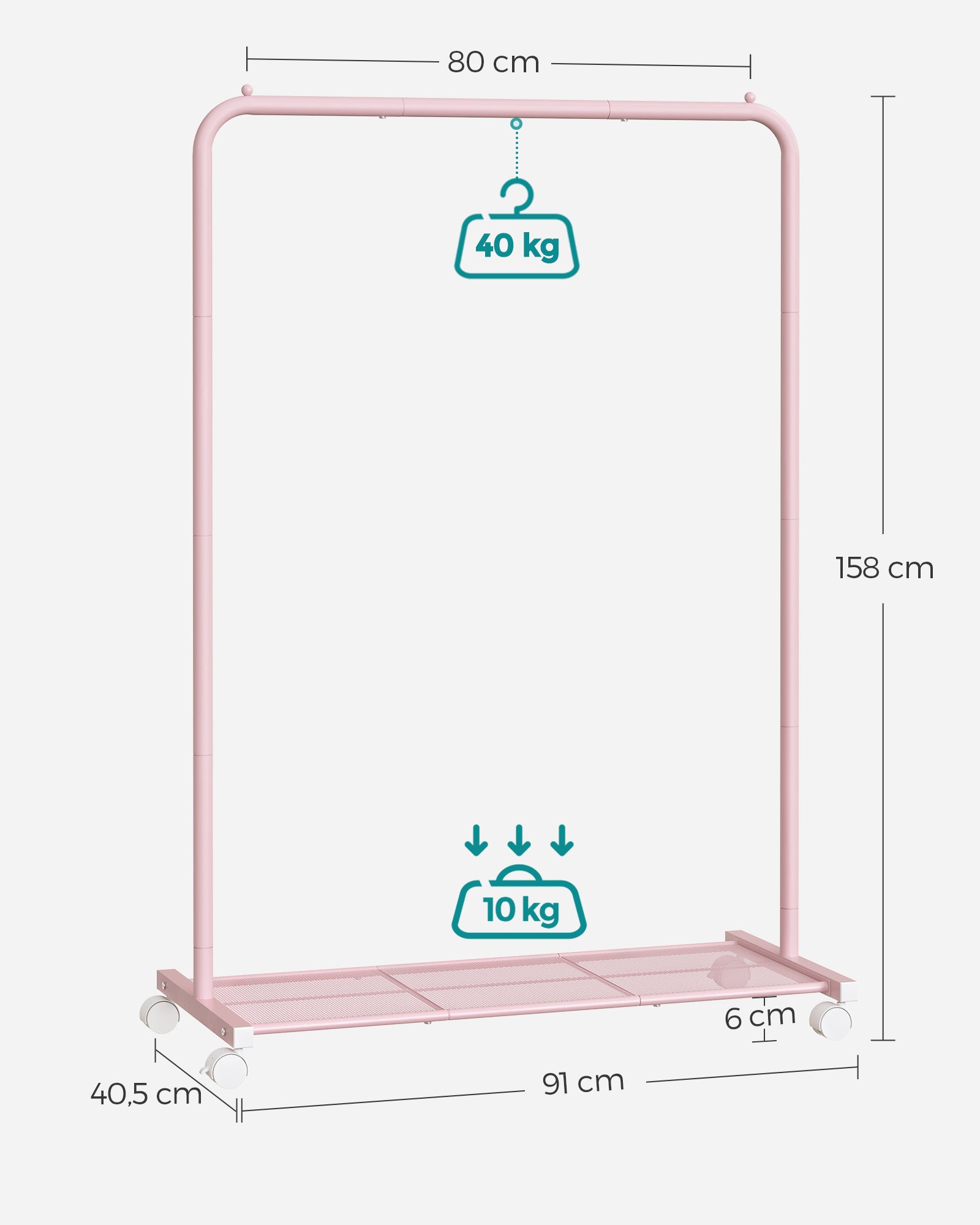 Klädställ 91 cm brett på pastellrosa hjul