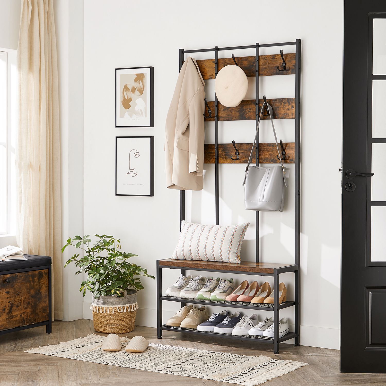 Garderob - Praktisk klädhängare med bänk - Vintage brun-svart